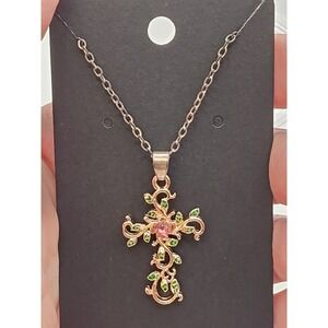 Pink Rose Rhinestone Green Leaves Cross Necklace